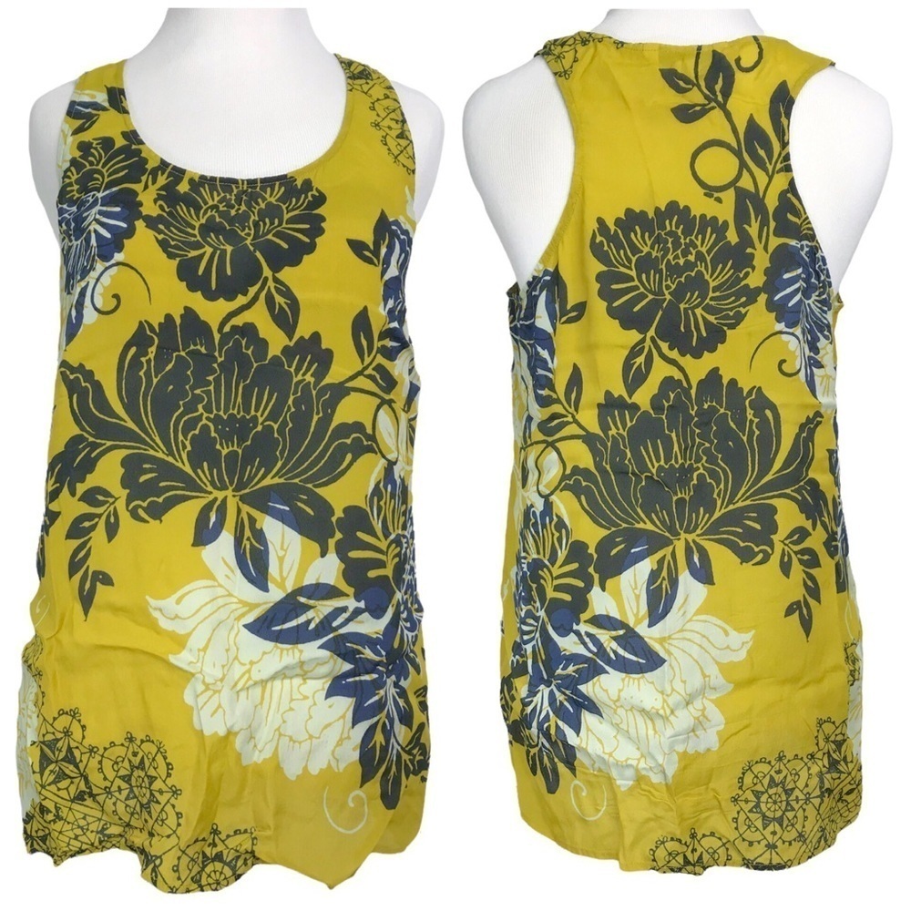 CABI Size S Yellow Floral Silk Blend Racerback Pullover Tank Top Blouse 286